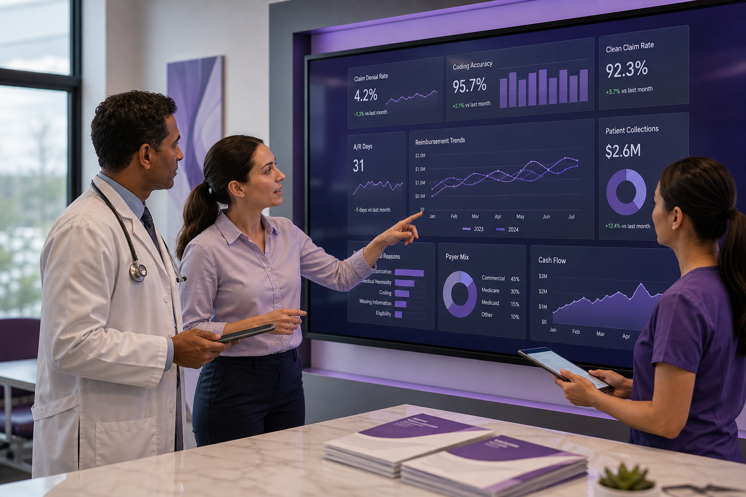 Modern Medical Office with Purple Motif and Data Analytics Screen