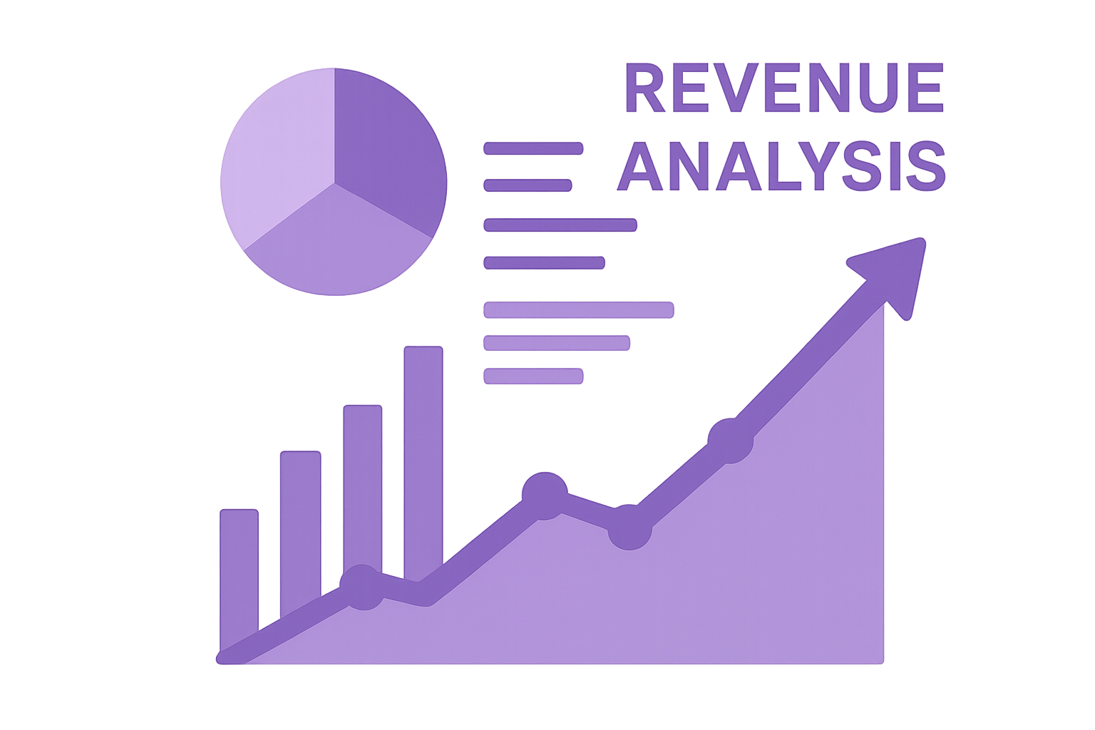 On a transparent background revenue analysis charts and graphs trending upward to the right in all purples-1