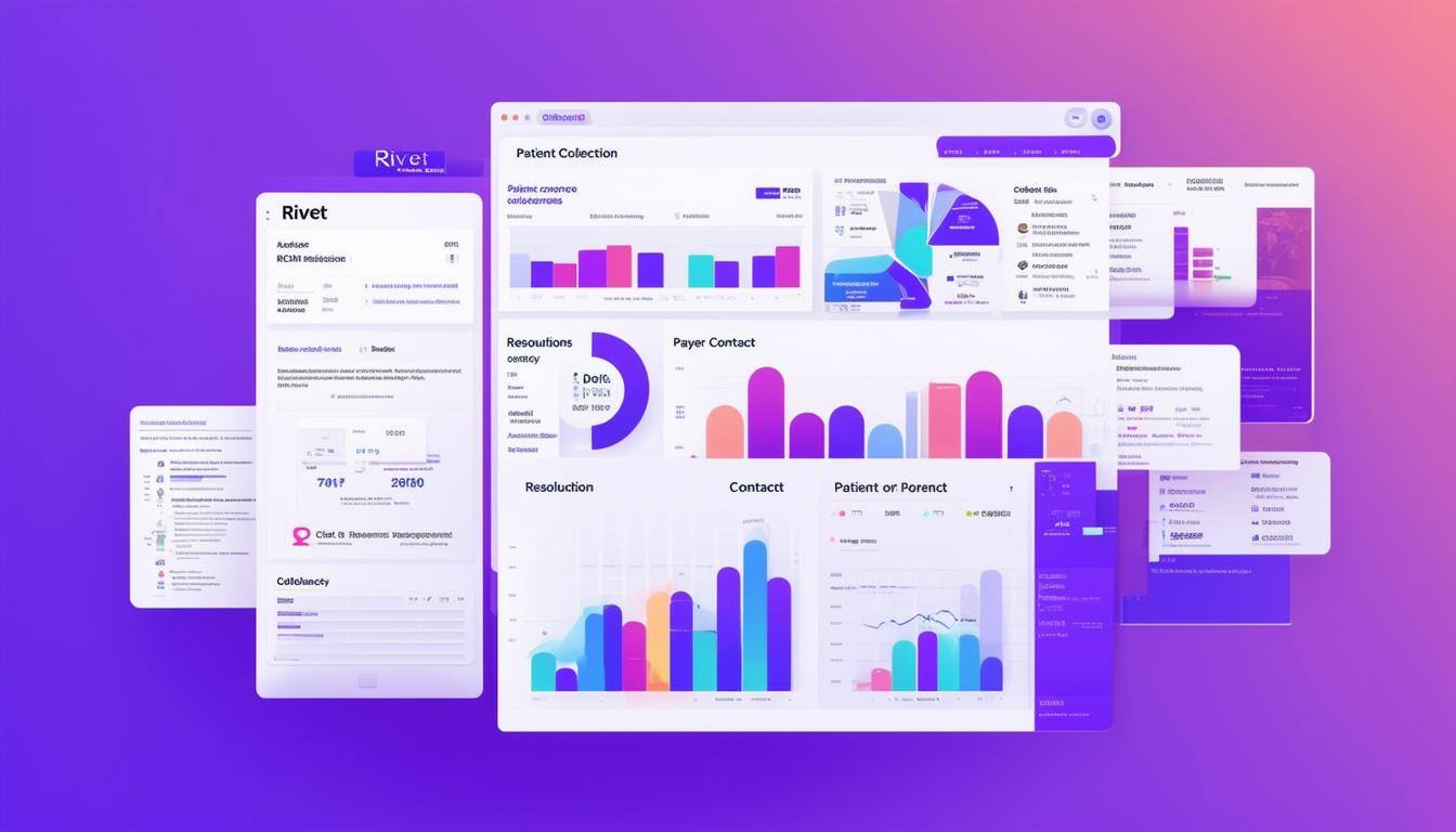 The image features a sleek, modern interface showcasing a dashboard for a cancer center for revenue cycle management RCM software called Rivet