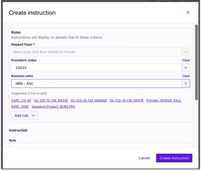 BU in denials instructions