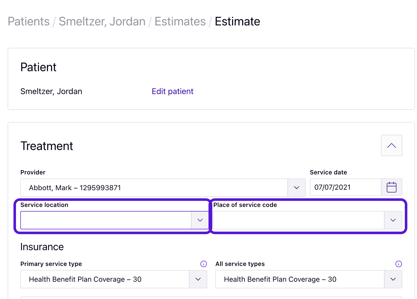 Service location and place of service dropdown