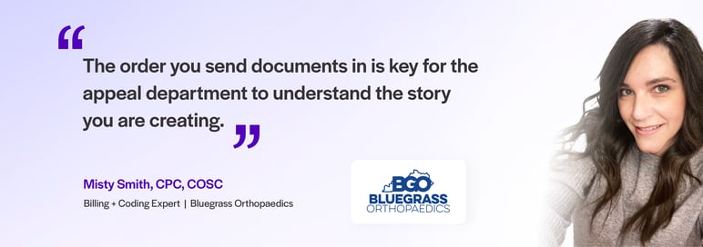 A quote on the importance of sending documents in the right order for medical appeals, given by Misty Smith, medical coding expert