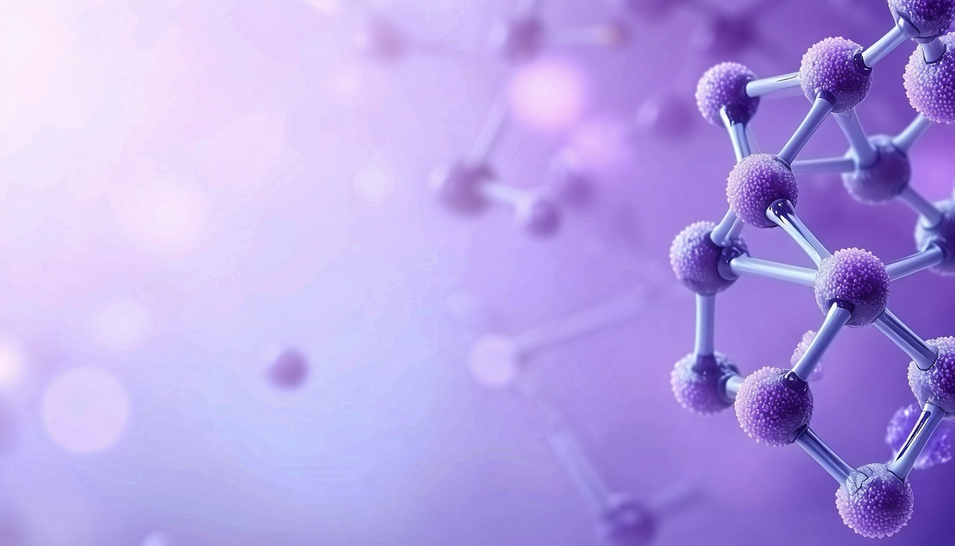 Light purple background with a molecular look at cancer treatment all molecules are on the right half of the image