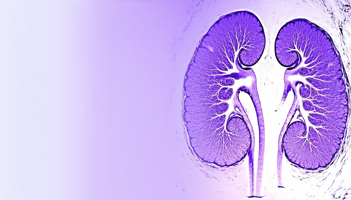 extremely light color purple background left half is blank purple and fades into the right half of the image where there is a medical imaging that looks like it came from a medical textbook of kidneys-1