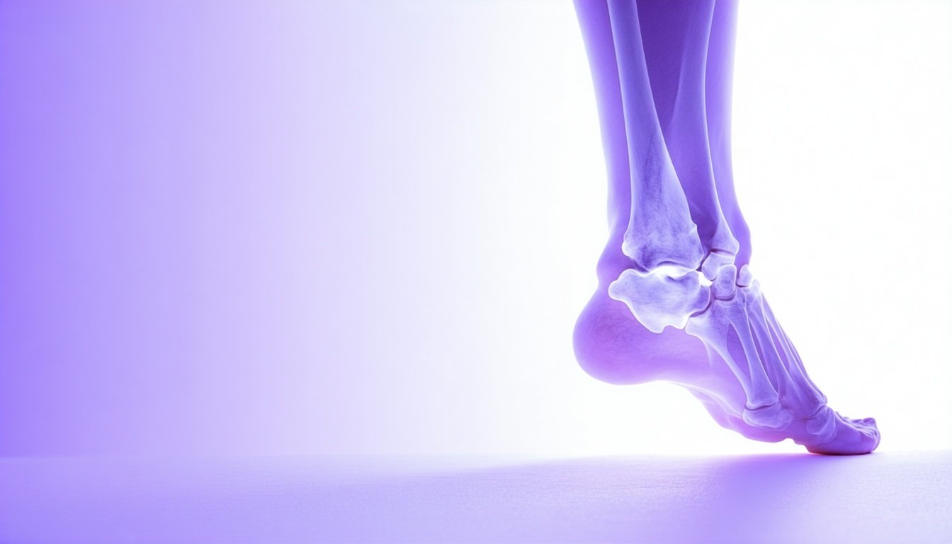 extremely light purple background where the left half of the image is blank that fades into the right half of the image of an xray of a foot is in the-1