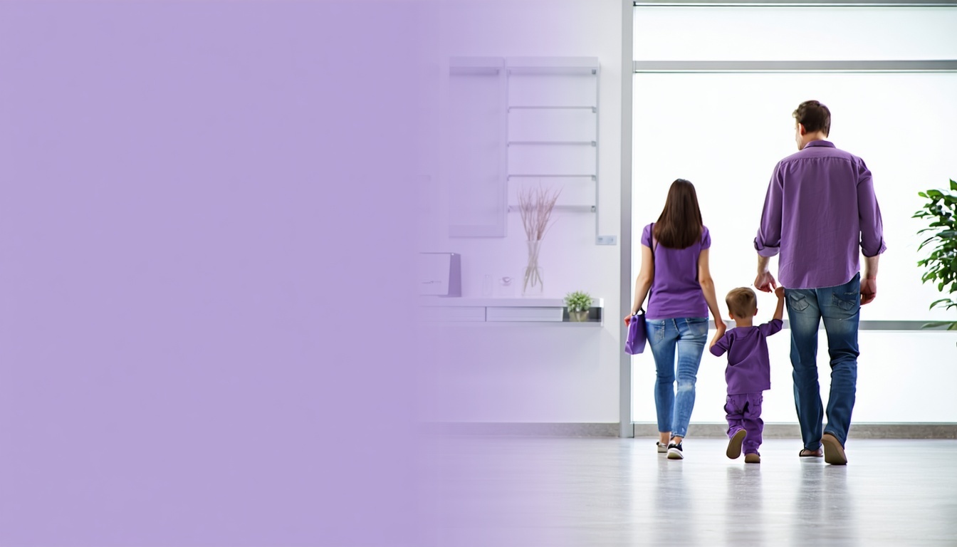 light purple background with an image on the right third the image is of a family consisting of the mother father and child in the waiting room at the medical office all in purples-1