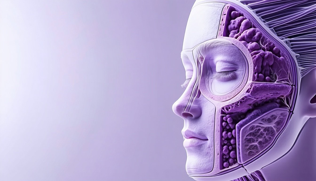 light purple background with an image on the right third the image is of the scientific layers of the skin all in purples