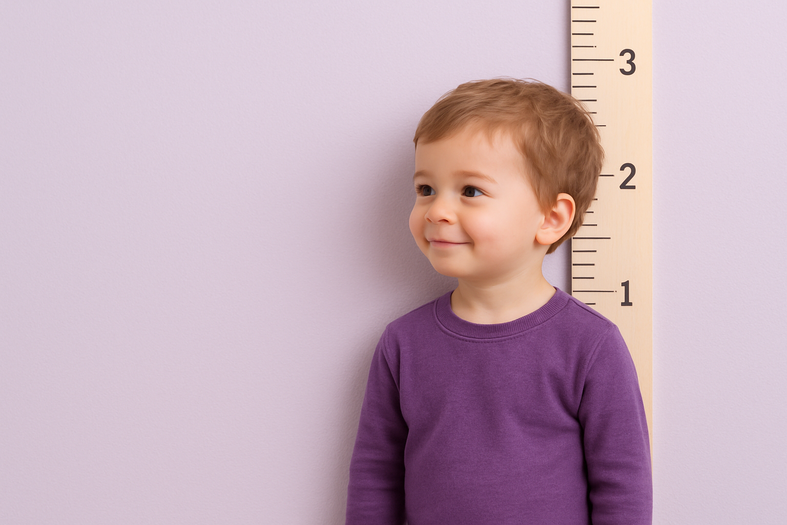 soft extremely light lavendar purple background with a blank left half and a small slightly smiling child wearing darker purple looking to the left an