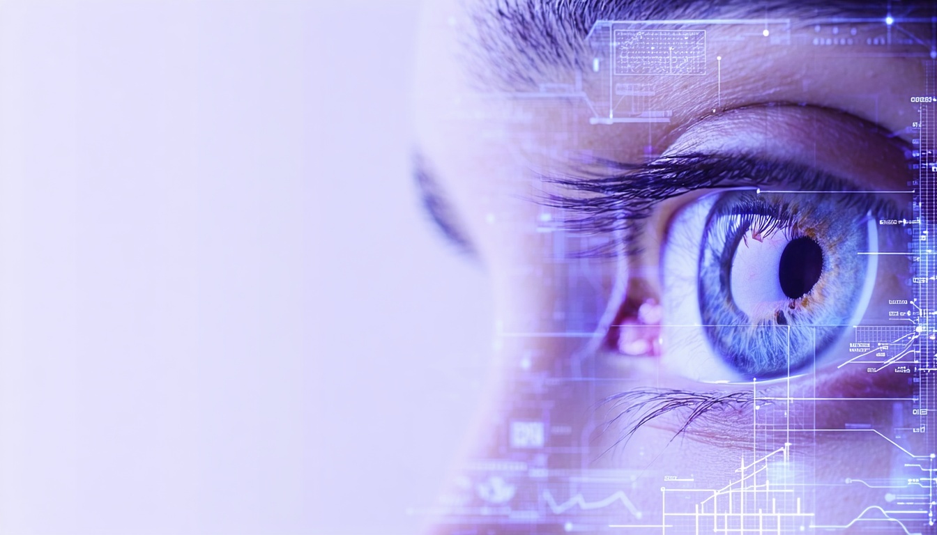 very light purple background throughout the image with the left half of the image blank that fades into a medical diagram of eye anatomy on the right